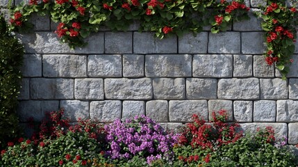 Stone Wall with Blooming Flowers: Garden Background Image
