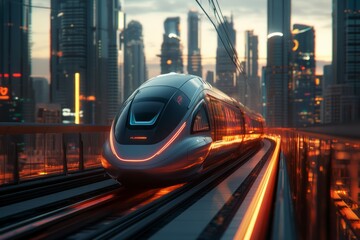 Futuristic train speeds through neon-lit cityscape. Neural network AI generated