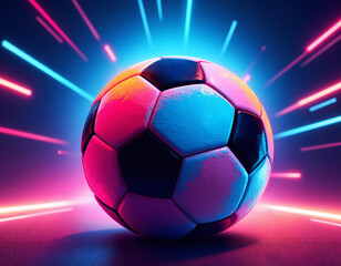 Naklejka premium A brightly colored soccer ball illuminated with dynamic neon lights in multicolored tones.