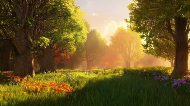 vibrant forest scene in motion flat style, with tall trees sporting wide leaves and colorful flora