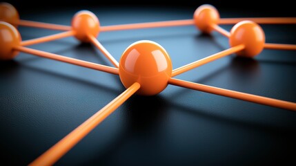 Network connections with orange spheres and lines 3D illustration of connected orange spheres representing a digital network or data structure on a dark textured surface