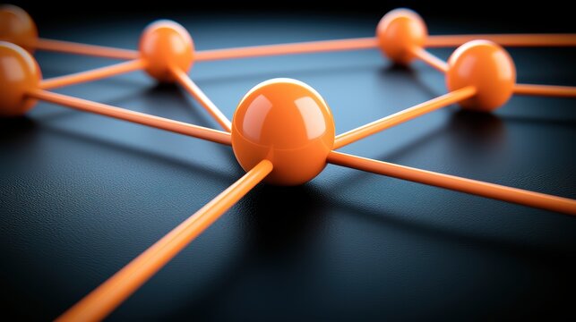 Network connections with orange spheres and lines 3D illustration of connected orange spheres representing a digital network or data structure on a dark textured surface