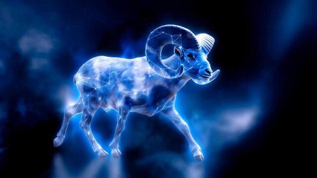 Aries looms from bright dots, forming the head of a ram with curved horns, the radiance of the constellation emphasizes the decisive character of the astrological symbol