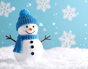 Obraz premium Snowman with blue hat and scarf