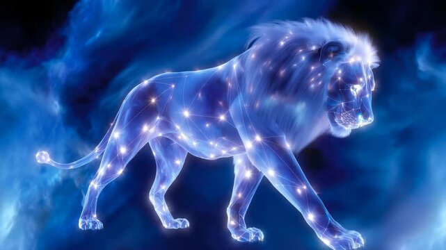 Leo is formed by bright stars in the image of a proud lion, the constellation line is highlighted by neon glow