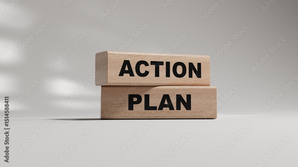 Poster action plan. wooden blocks spelling.flat lay view from above on white background with wooden blocks 