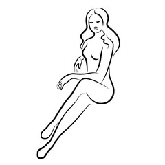 Silhouette of a cute lady, she is sitting. The girl has a beautiful naked figure. The woman is a young sexy and slim model. Vector illustration.