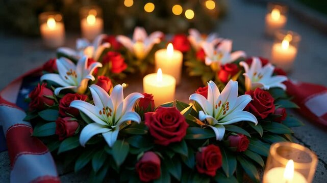 Remembrance wreath with lilies and roses, candles, and American flag, for memorial, sympathy, or tribute.