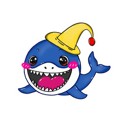 Shark illustration. Cartoon shark smiling happily. Shark drawing on transparent background. Cute shark wearing a hat. Aquatic animal decorative elements.