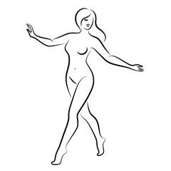 Silhouette of a nice lady, she is standing. The girl has a beautiful naked figure. The woman is a young sexy and slender model. Vector illustration