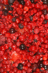 A close-up view of a vibrant mix of frozen red berries, including cranberries, raspberries, and blackberries, showing their frosty texture