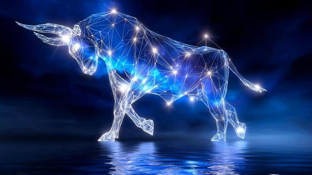 Taurus is depicted as glowing stars in the night sky, connected lines outline the constellation of the bull in the zodiac belt