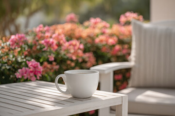 cozy coffee cup resting on comfortable chair overlooking blooming garden