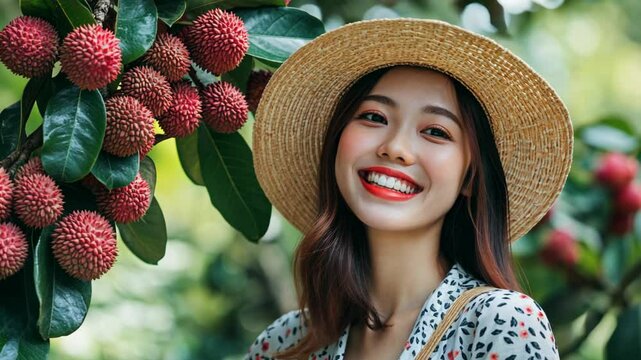 pretty young Japanese woman wearing woven hat standing under fruitful lychee tree at fruit orchard plantation