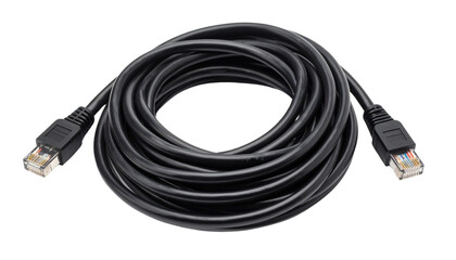 single Black Ethernet cable with connectors on both ends, coiled neatly, showcasing its flexibility and durability, ideal for networking and internet connectivity solutions in Png
