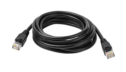 single Black Ethernet cable with connectors on both ends, coiled neatly, showcasing its flexibility and durability, ideal for networking and internet connectivity solutions Png format 