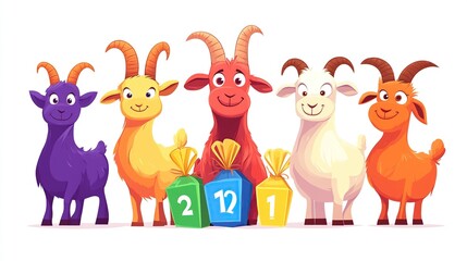 Five colorful cartoon goats stand side-by-side, holding small gift packages; vibrant hues and cheerful expressions