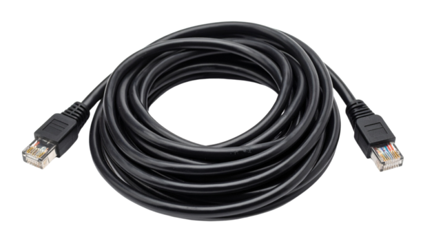 single Black Ethernet cable with connectors on both ends, coiled neatly, showcasing its flexibility and durability, ideal for networking and internet connectivity solutions in Png