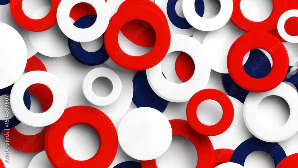Poster a background of volumetric rings and solid circles in a red, white and blue color scheme, arranged i