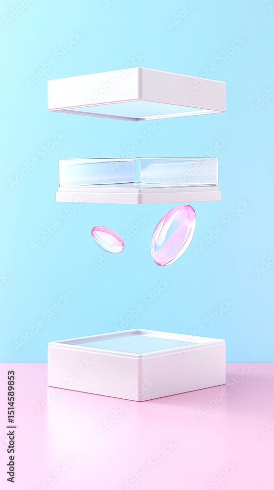 Poster floating white box mockup with open flaps and pink elements on pastel background