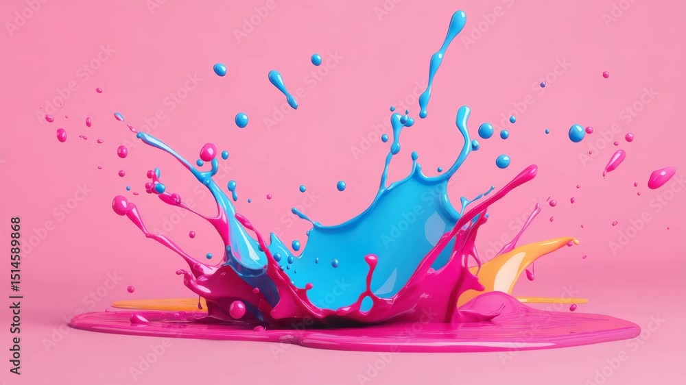 Poster a spectacular splash of multi-colored liquid on a plain pink background, creating a dynamic abstract