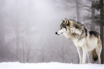 Obraz premium Wolf in winter snow foggy background