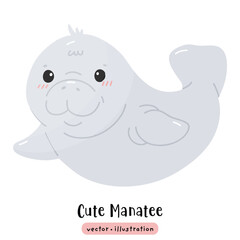 Cute Manatee Sea cow kawaii dugong cartoon ocean animal vector illustration