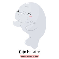 Cute Manatee Sea cow kawaii dugong cartoon ocean animal vector illustration