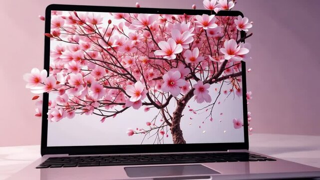 Pink cherry blossom tree on bright background displayed on modern computer screen. Concept of digital nature and seasonal aesthetics