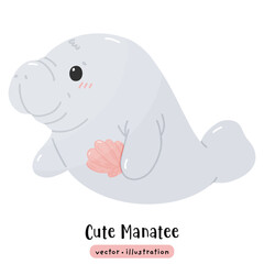 Obraz premium Cute Manatee Sea cow kawaii dugong cartoon ocean animal vector illustration