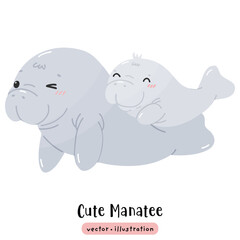 Cute Manatee Sea cow kawaii dugong cartoon ocean animal vector illustration