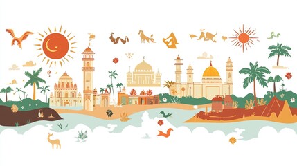 Obraz premium A colourful, flat design panorama of an Indian landscape. Various monuments, animals, and tropical elements are depicted in a stylized, simplified manner