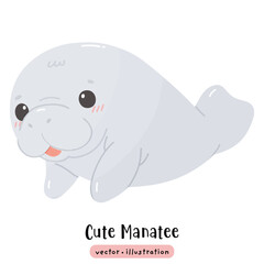 Cute Manatee Sea cow kawaii dugong cartoon ocean animal vector illustration