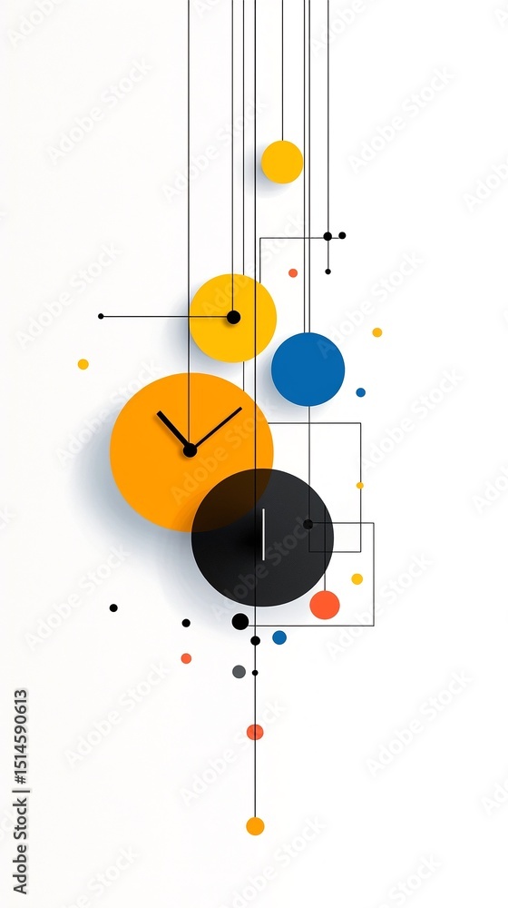 Poster abstract modern clock design with colorful circles and geometric lines