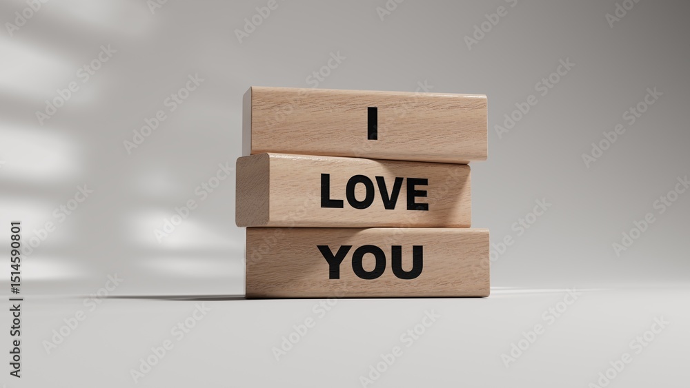 Poster i love you.wooden blocks spelling.flat lay view from above on white background with wooden blocks bu