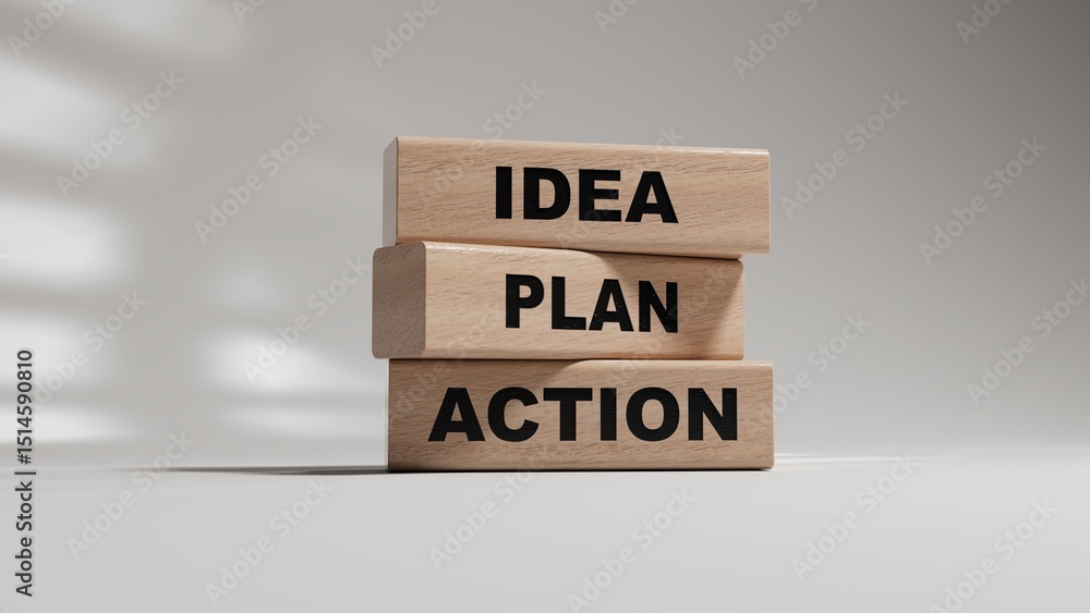 Poster idea plan action symbol. wooden blocks with words idea plan action.business and idea plan action con