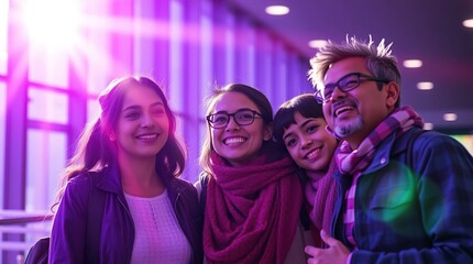 Smiling family of four poses in a brightly lit indoor space, joyful and close
