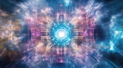 Fototapeta premium Abstract digital art depicting a symmetrical, glowing portal within a geometric framework, enveloped by swirling nebula-like clouds