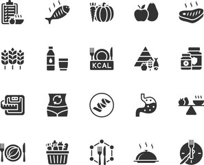 Vector set of nutrition flat icons. Contains icons meal plan, food basket, vegetables, fruits, vitamins, protein, food pyramid, metabolism and more. Pixel perfect.