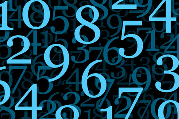 Blue numerals, randomly distributed, against black background. Dynamic pattern, composed of overlapping numbers from zero to nine. Visual effect and a symbol for big data, complexity, or numerology.