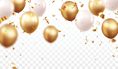 Celebration banner with gold confetti and balloons