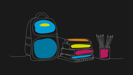 School set consisting of a backpack, stacks of books and books in an organizer, drawn with one continuous white line on a black background with colored spots. Back to school concept.