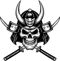 Design featuring a skull with a samurai helmet and crossed swords in a bold, striking black and white style