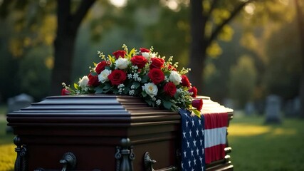 Funeral casket with red and white roses and American flag.  Casket arrangement includes roses, carnations, and greenery.  Funeral service image for sympathy cards and memorial announcements.