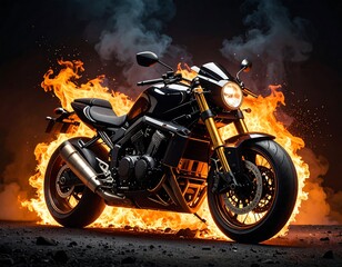 Black motorcycle engulfed in flames