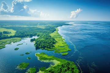landscape from above, floodlands with lush greenery, swamps, marshland, forest lake, blue sky, photorealistic