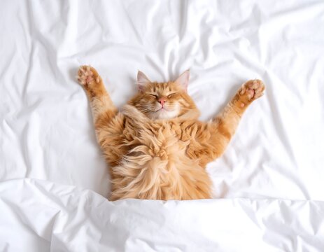 Ginger cat sleeping on white sheets
