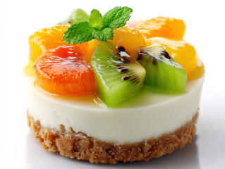 An isolated image of a rich cheesecake topped with fruits