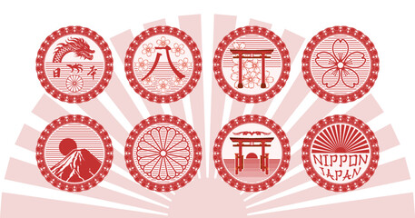 Vector set of red seals of Japan. Collection of Japanese round icons or stickers. Dragon, hieroglyph eight, ritual gate, sakura flower, Mount Fuji, coat of arms and radiant sun. Isolated background