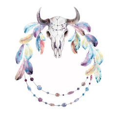 Bull skull with feathers and beads dreamcatcher hand drawn watercolor illustration isolated on white. Ethnic round frame of indian native culture for boho holiday design, mystical interior decorations